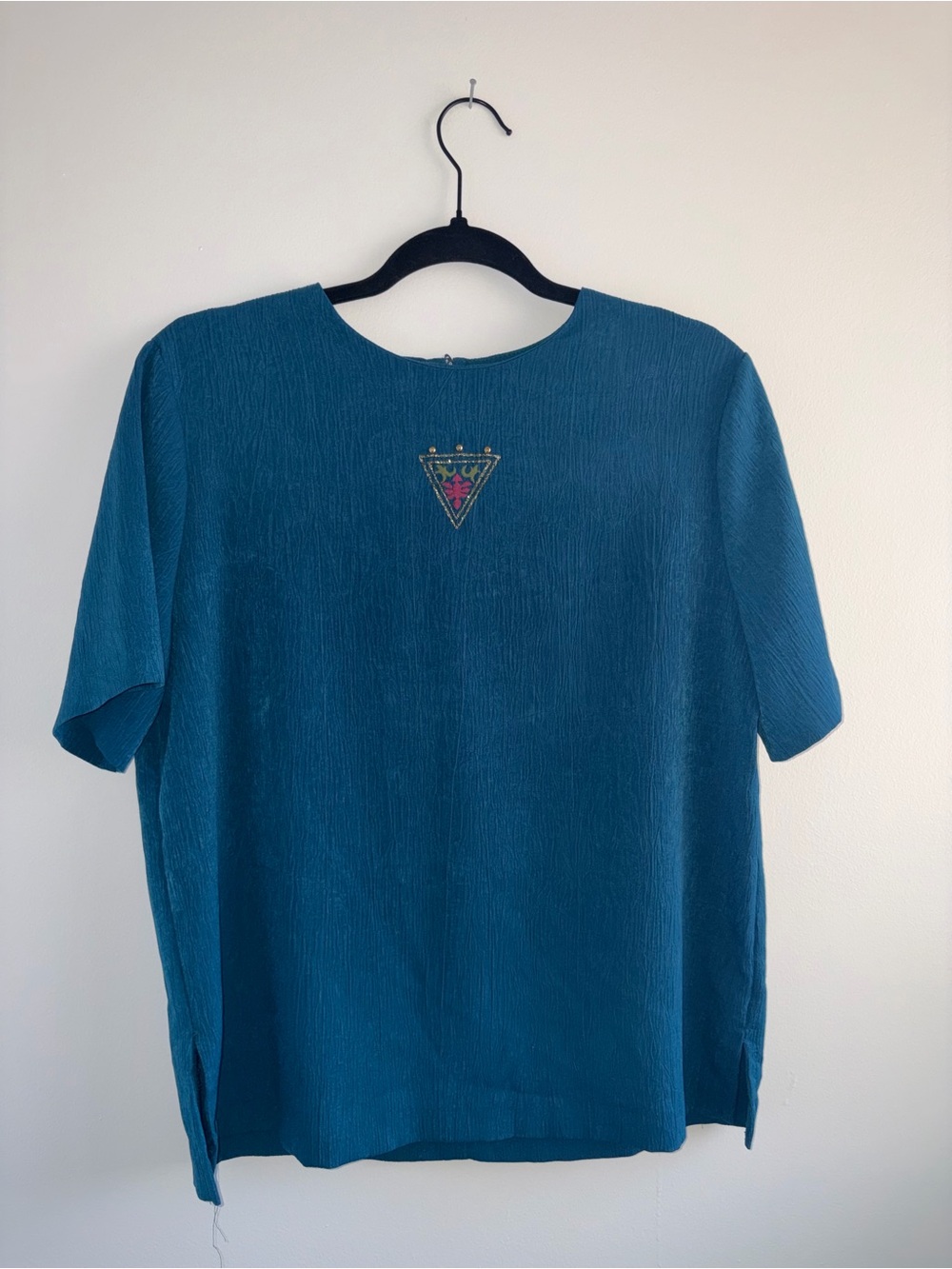 Vintage G.W. Division of Graff Teal Short-Sleeve Blouse with Embroidered Accent